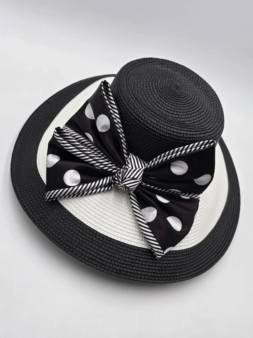 August Hat Company B&W Wide Brim Hat with Polka-Dot & Striped Accent Bow